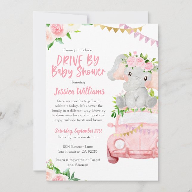 Drive By Baby Shower Invitation for Baby Girls (Front)