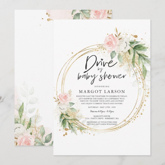 Drive By Baby Shower Invitation Greenery Pink Gold (Front/Back)