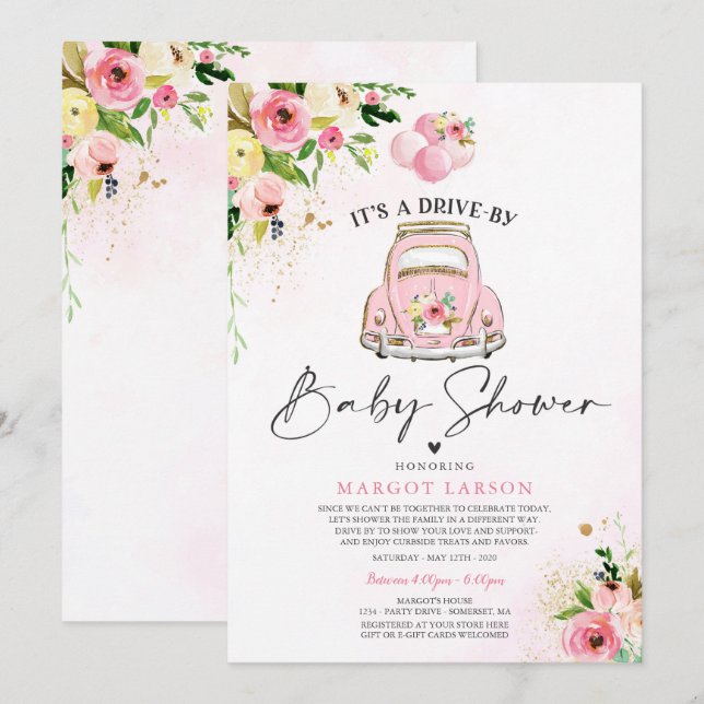 Drive By Baby Shower Invitation Pink Floral Shower (Front/Back)