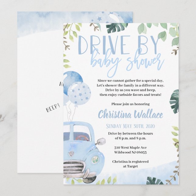Drive By Baby Shower Invitations for Boys (Front/Back)