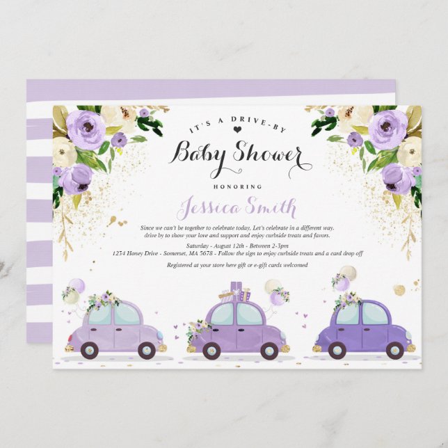 Drive By Baby Shower Lilac Gold Floral Baby Shower Invitation (Front/Back)