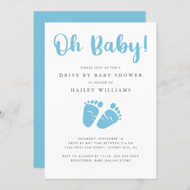Drive By Baby Shower | Oh Baby Boy Blue Baby Feet Invitation (Front/Back)