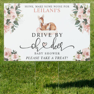 Drive-By Baby Shower Oh Deer Pink Floral Sign