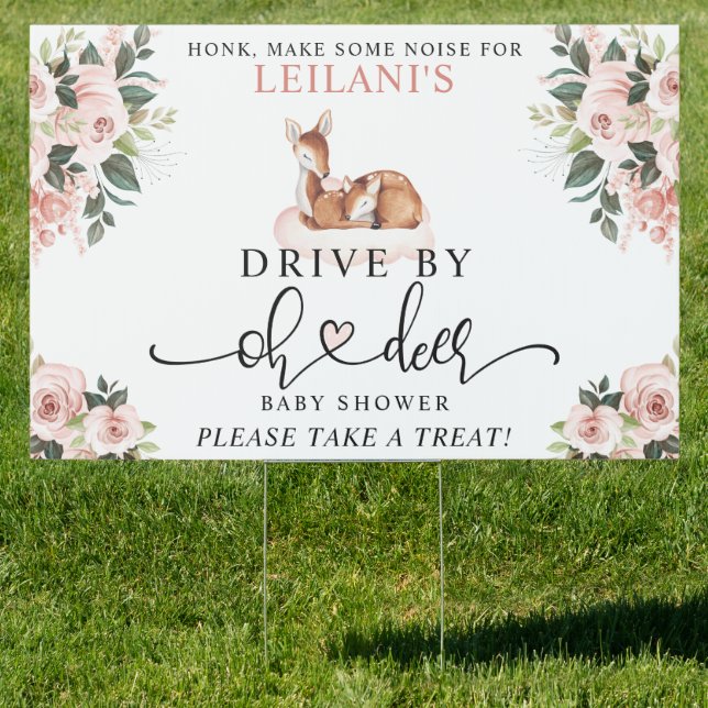 Drive-By Baby Shower Oh Deer Pink Floral Sign (Insitu)