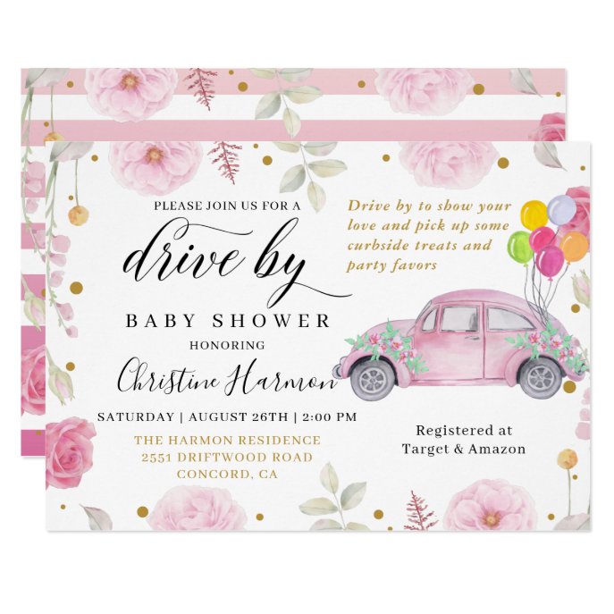 Drive By Baby Shower Parade Elegant Pink Floral Invitation