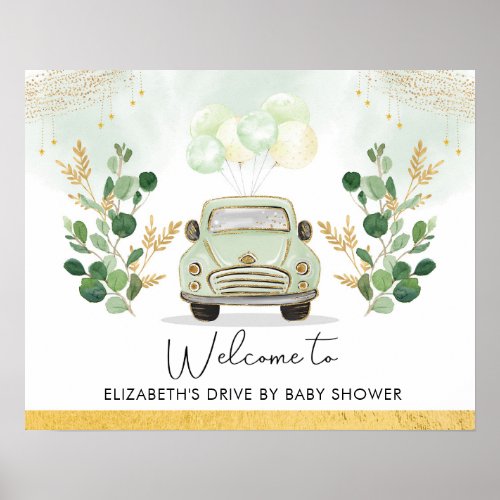 Drive By Baby Shower Parade Greenery Gold Welcome Poster