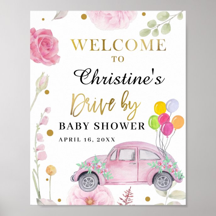 Drive By Baby Shower Parade Pink Floral Welcome Poster