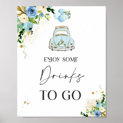 Drive By Baby Shower Party Decor Sign Blue Floral