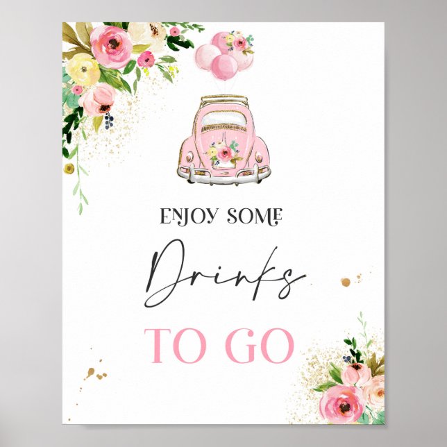 Drive By Baby Shower Party Decor Sign Pink Floral (Front)