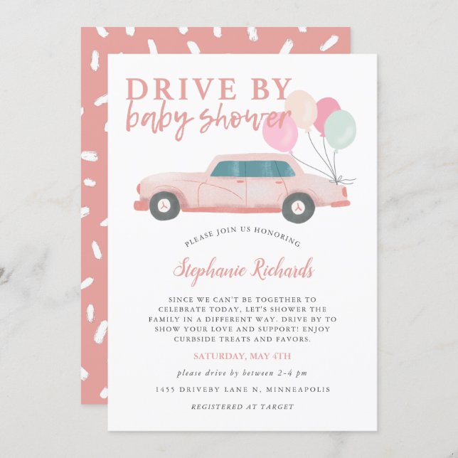 Drive By Baby Shower Pink Car Parade Invitation (Front/Back)