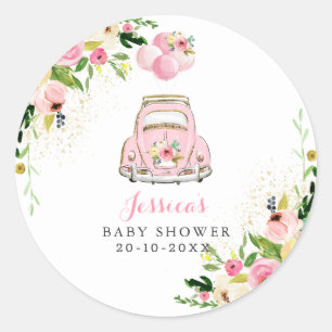 Drive By Baby Shower Pink Floral Favor Tag Sticker