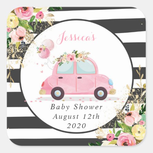 Drive By Baby Shower Pink Floral Favor Tag Sticker