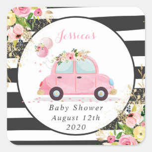 Drive By Baby Shower Pink Floral Favor Tag Sticker