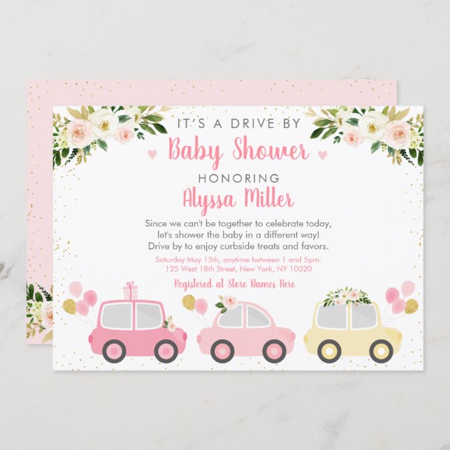 Drive By Baby Shower Pink Floral Invitation (Front/Back)