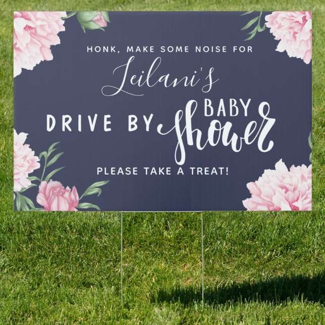 Drive-By Baby Shower Pink Floral Navy Yard Sign (Insitu)