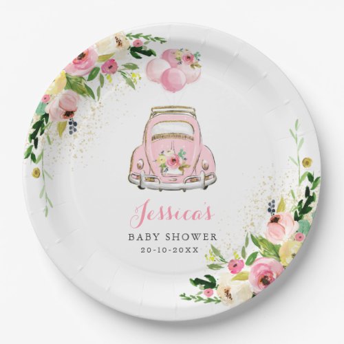 Drive By Baby Shower Pink Floral Paper Plate Decor