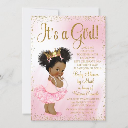Drive By Baby Shower Pink Gold Afro Princess Tutu Invitation