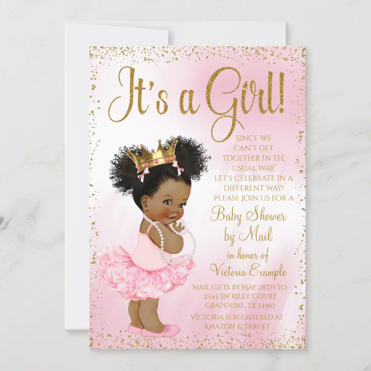 Drive By Baby Shower Pink Gold Afro Princess Tutu Invitation | Zazzle