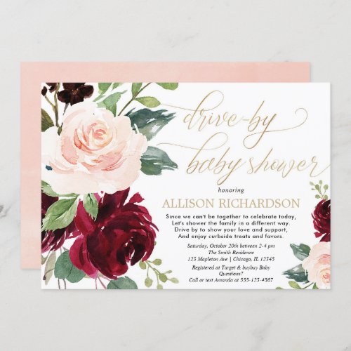 Drive by baby shower pink gold burgundy floral invitation