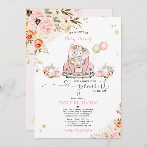 Drive By Baby Shower Pink Gold Elephant Pumpkin Invitation