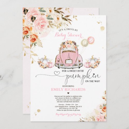 Drive By Baby Shower Pink Gold Floral Pumpkin Invitation