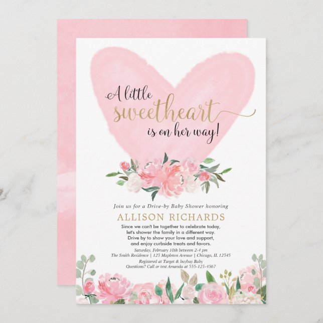 Drive-by baby shower pink gold Valentines Day girl Invitation (Front/Back)