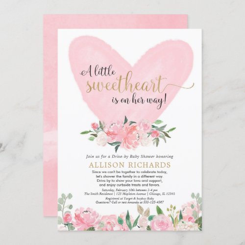 Drive_by baby shower pink gold Valentines Day girl Invitation