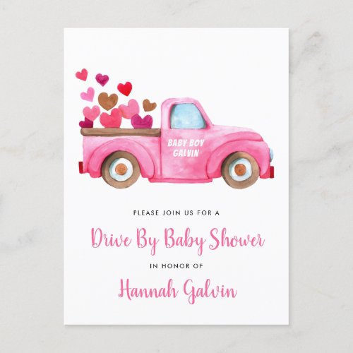 Drive By Baby Shower Pink Truck Hearts Invitation Postcard
