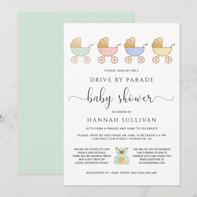Drive By Baby Shower | Retro Carriages Parade Invitation (Front/Back)
