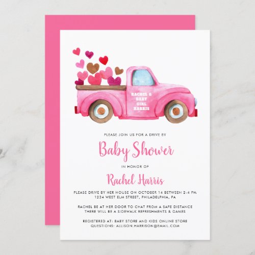 Drive By Baby Shower Retro Pink Truck Hearts Invitation