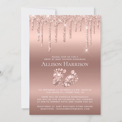 Drive By Baby Shower Rose Gold  Glitter Invitation