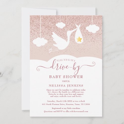 Drive By Baby Shower Rose Gold Star Stork Glitter Invitation