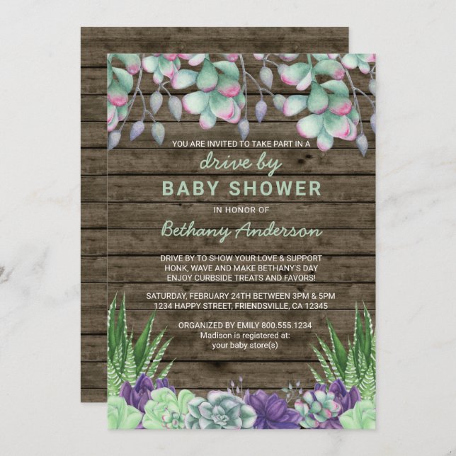 Drive By Baby Shower Rustic Succulents Invitation (Front/Back)