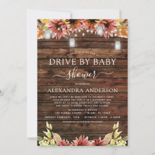 Drive by Baby Shower Rustic Wood Autumn Sunflowers Invitation