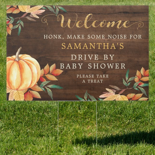 Drive-By Baby Shower Rustic Wood Pumpkin Yard Sign (Insitu)