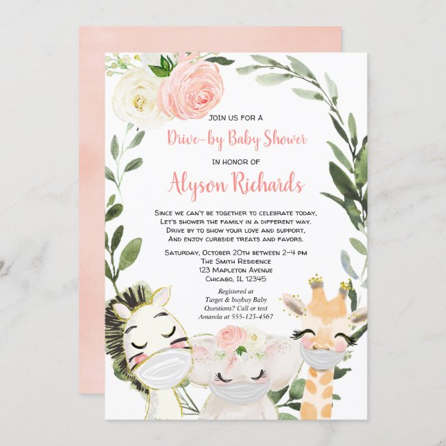 Drive-by baby shower safari animals pink greenery invitation (Front/Back)