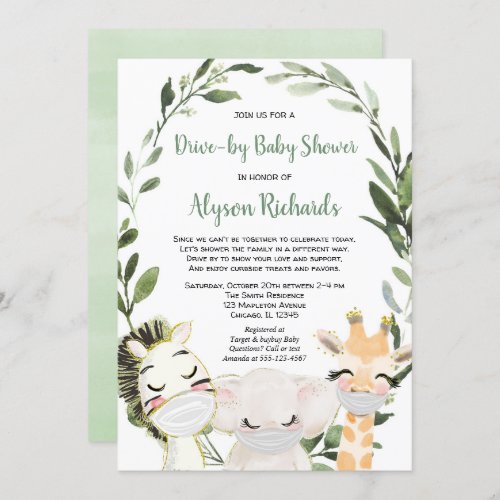 Drive_by baby shower safari animals with masks invitation