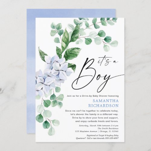 Drive by baby shower spring floral blue greenery invitation
