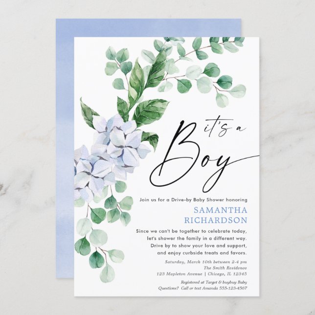 Drive by baby shower spring floral blue greenery invitation (Front/Back)
