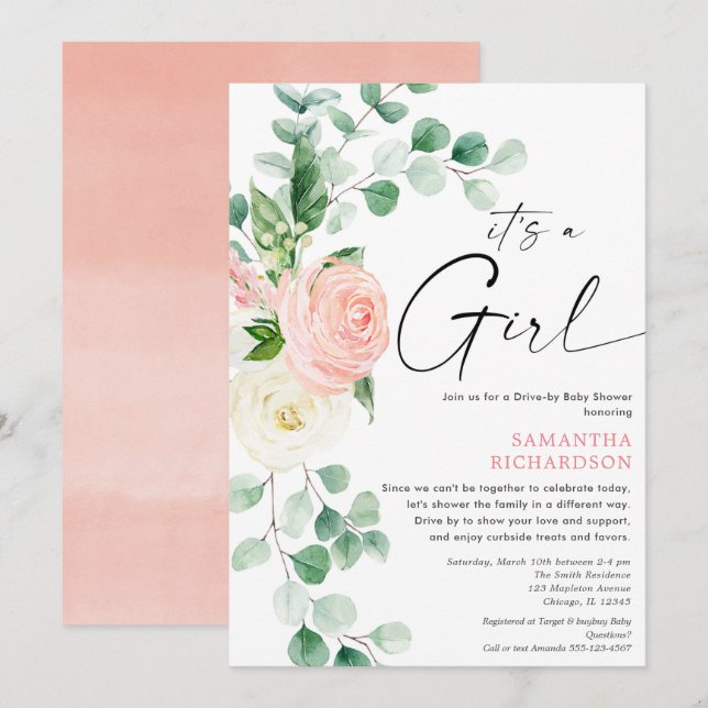 Drive by baby shower spring floral pink greenery invitation (Front/Back)