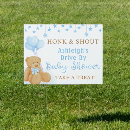 Drive By Baby Shower Teddy Bear Blue Balloons Star Sign