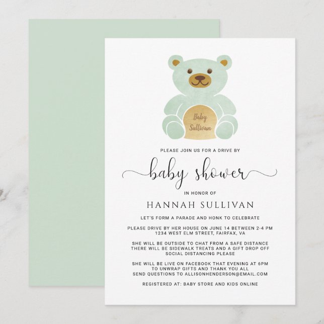 Drive By Baby Shower Teddy Bear Green Gold Minimal Invitation (Front/Back)