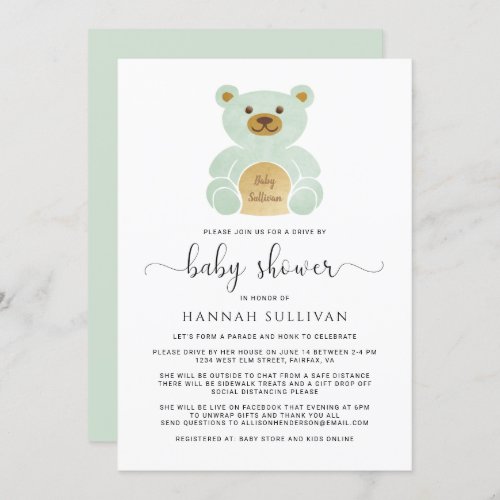 Drive By Baby Shower Teddy Bear Green Gold Minimal Invitation