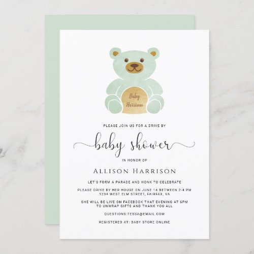 Drive By Baby Shower Teddy Bear Green Minimal Invitation