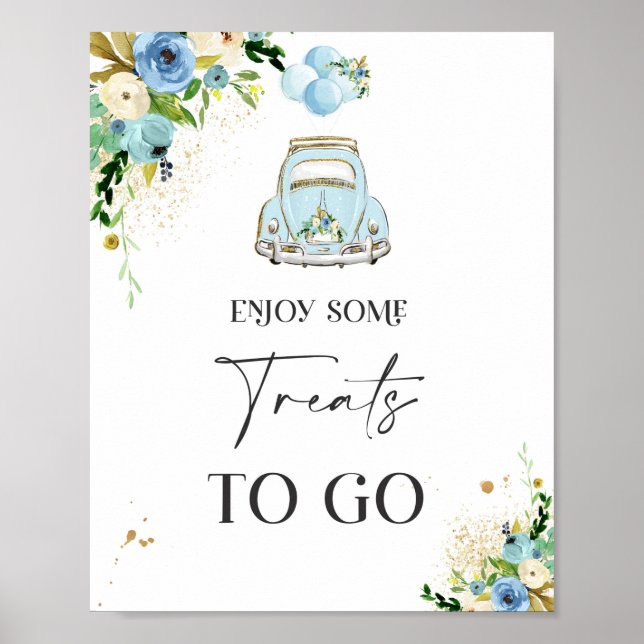 Drive By Baby Shower Treat Favor Sign Blue Floral (Front)