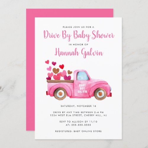 Drive By Baby Shower Truckload of Hearts Pink Invitation