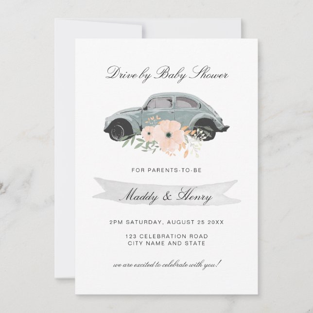 Drive by Baby Shower Watercolor Beetle Floral Invitation (Front)