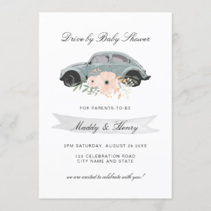 Drive by Baby Shower Watercolor Beetle Floral Invitation