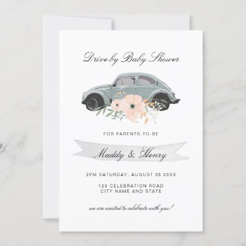Drive by Baby Shower Watercolor Beetle Floral Invitation
