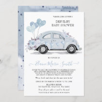 Drive by Baby Shower Watercolor Floral Blue Car Invitation
